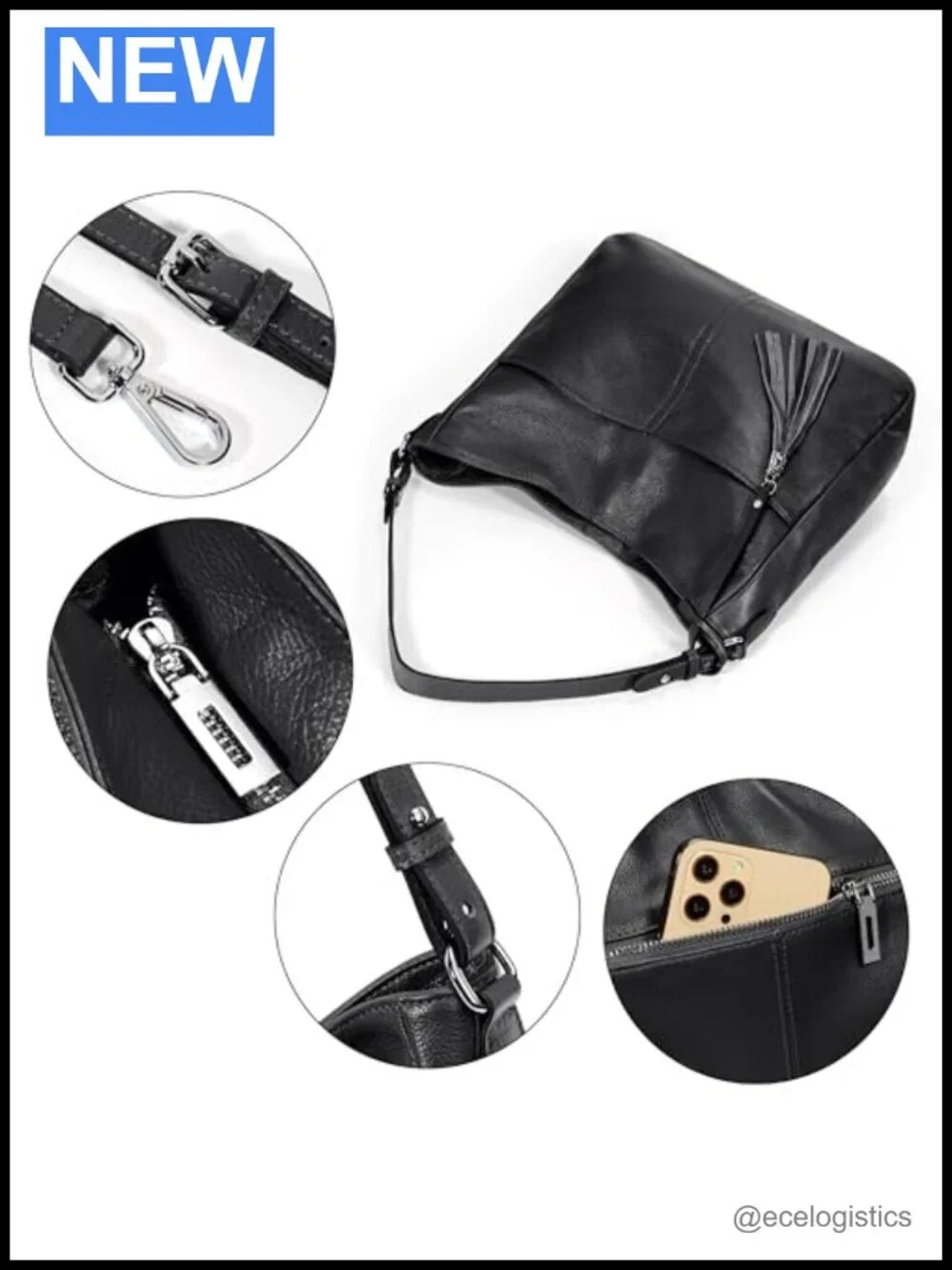 Genuine Leather Hobo Handbag with Tassel, Removable Straps, Crossbody Option